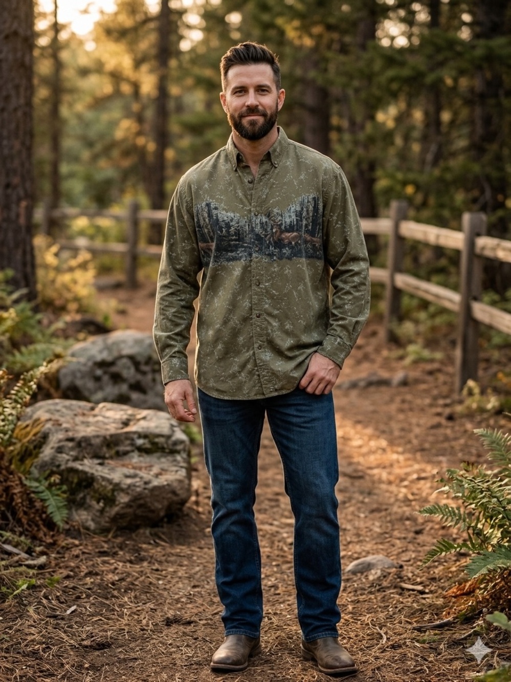 Bluff Creek Outfitters Men's Deer Graphic Button Down Shirt Cotton Large